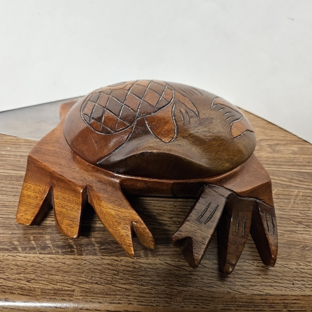Vintage 60s Glazed Haitian Hand-carved Mahogany Wood Crab Trinket Box
